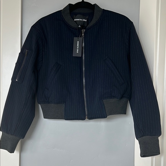 Kenneth Cole Women's Shirred-Sleeve Dark Navy Grey Bomber Jacket Sz XS - Picture 4 of 12